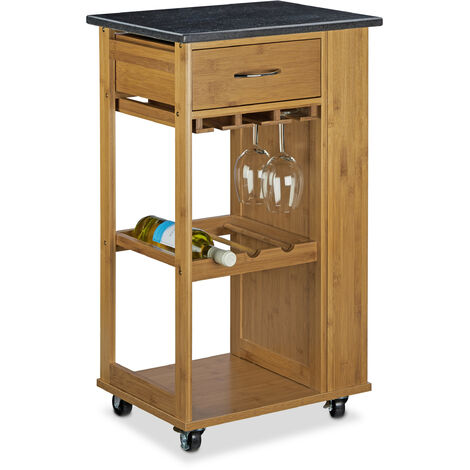 Relaxdays ALFRED L Bamboo Kitchen Cart w/ Black Marble Countertop, Total Size: 81.5 x 47.5 x 37.5 cm Kitchen Island Kitchen Trolley with Wine Glass Holder and Wine Rack Serving Cart, Natural Brown