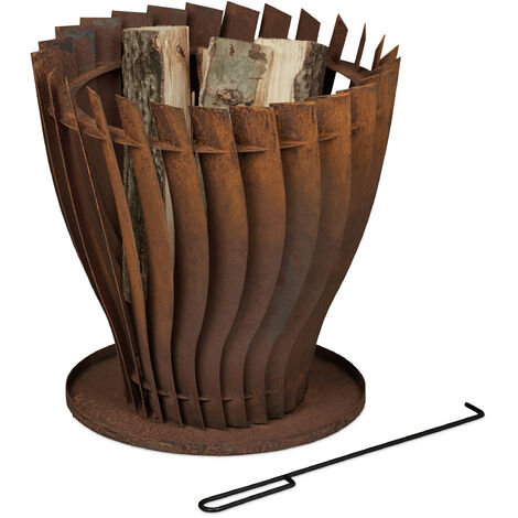 Relaxdays Fire Basket With Poker, HxØ 42 X 40 Cm, Open Log Burner For 