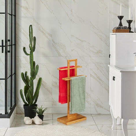 Relaxdays Freestanding Towel Rail - 3 Tier Bamboo Stand, Black Iron, 80cm H