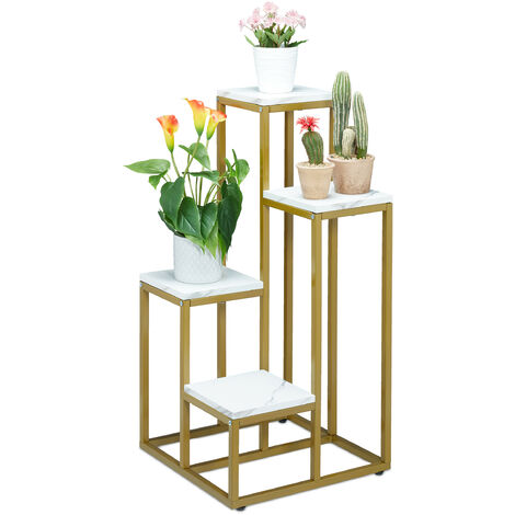 Relaxdays Plant Stand, Modern Pot Holder with 4 Tiers, 80x40x40 cm, White Metal Frame, MDF Shelving; Space-Saving; Gold
