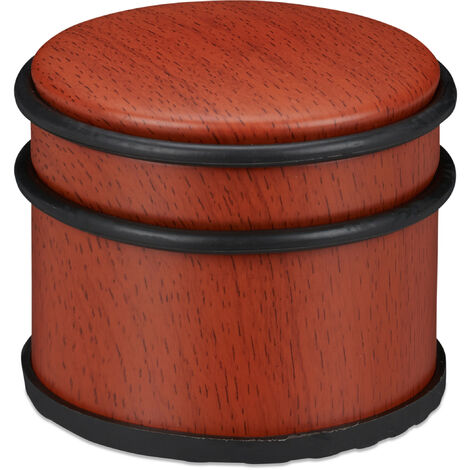 Relaxdays Door Stop, for Heavy Doors, Stainless Steel & Rubber, Wood Effect, Tall Doorstopper, ∅ 9.5 cm, Red-Brown