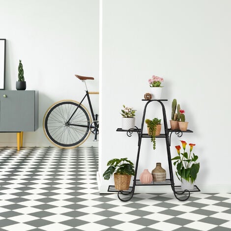 Relaxdays Plant Stand Metal, for 7 Potted Plants, Flower Rack Indoor, Outdoor, HxWxD 83 x 75 x 24 cm, Tiered, Black