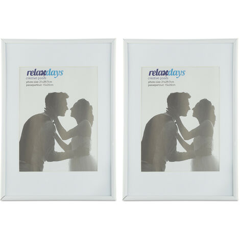 Relaxdays Photo Frame Set of 2, A4 Size, Passepartout 15 x 20 cm, Standing or Hanging, White (1/5)