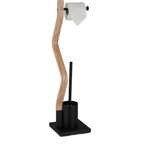 Relaxdays WC Accessories Set, Standing Toilet Paper Holder, Replaceable Brush & Holder, 75x18.5x18.5cm, Black/natural (1/5)