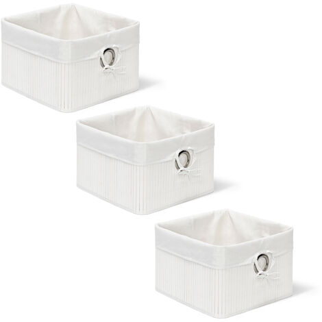 Set of 3 Relaxdays Storage Basket, Fabric Lining, Bamboo, Rectangular, Bathroom, Accessories, HxWxD: 20x31x31 cm White