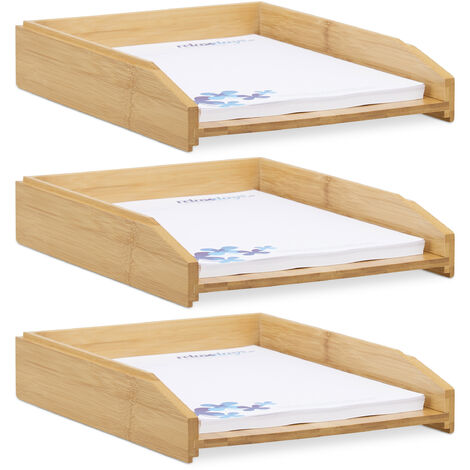 Relaxdays Set of 3 Document Filing Trays, Stackable, DIN A4 Letter Rack, Office, Desk, Bamboo, 6 x 25 x 33 cm, Natural