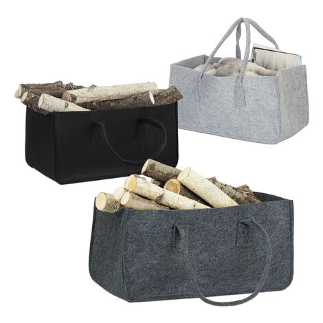 Relaxdays 3x Felt Firewood Basket, with Handles, Foldable, Load-bearing Bag, HWD: 25 x 25 x 50 cm, Black/Grey/Anthracite (1/5)
