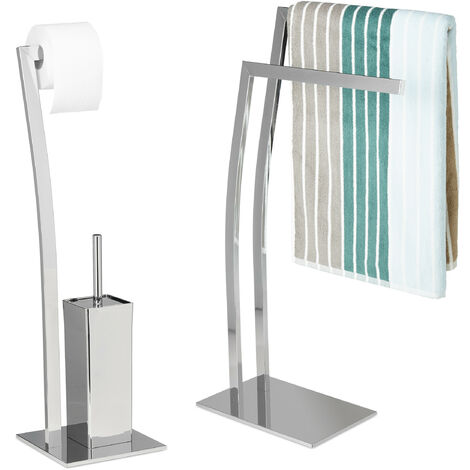 2-piece bathroom set WIMEDO, freestanding towel holder, no-drill WC kit, silver toilet paper holder, toilet brush holder
