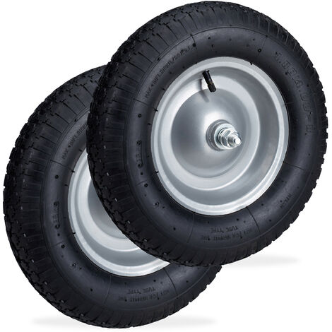 Relaxdays Set of 2 Wheelbarrow Tyre 4.80 4.00-8, Pneumatic, 120 kg Capacity, Spare Wheel with Axle, Garden, Black/Silver