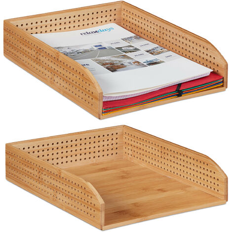 Relaxdays 2x Bamboo Document Holder Tray, Perforated, Stackable, A4 Desk Organiser, Office, HWD: 7 x 25 x 33 cm, Natural