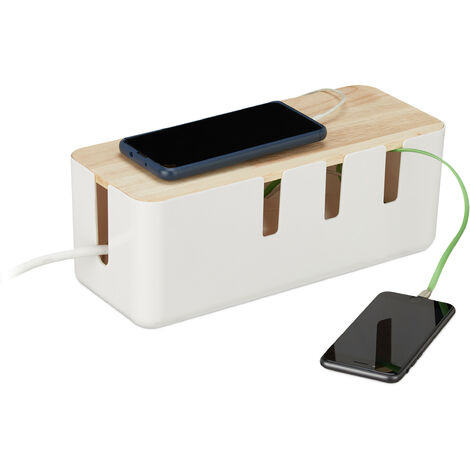 Relaxdays Cable Box, for Socket Outlet Strips, Hides Cables, H x W x D: 11.5 x 30 x 12.5 cm, Plastic & Wood, White (1/5)