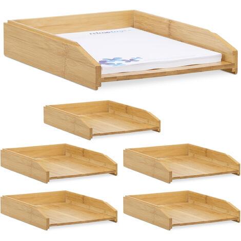 Relaxdays Set of 6 Document Filing Trays, Stackable, DIN A4 Letter Rack, Office, Desk, Bamboo, 6 x 25 x 33 cm, Natural