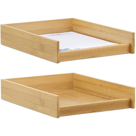 Set of 2 Relaxdays Wooden Document Filing Trays, Stackable, DIN A4 Letter Rack, Flat, Desk, Bamboo, 6x25x33 cm, Natural