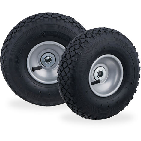 Relaxdays Wheelbarrow Tyre, 2x Set, Spare Wheels, Inflatable, 3.00-4", Load 100 kg, 16 mm Axis, Steel Rim, Black/Grey (1/5)