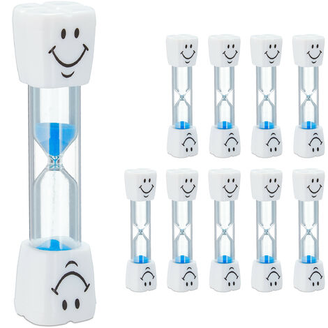 Relaxdays Toothbrush Timer, Set of 10, Toothbrushing Sand Timer, 3 Minutes, Noiseless, Glass & Sand, White/Blue