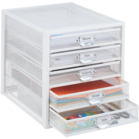 Relaxdays Box of Drawers, 5 Compartments, Document Holder, Office Storage, Label Holder, HxWxD: 29 x 27.5 x 35.5, White (1/5)