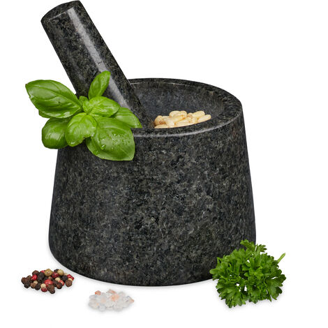 Relaxdays Mortar with Pestle, Spices, Herbs, Polished Stone Mortar, Ø 13.5 cm, Granite, Dark Grey (1/5)