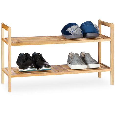 Relaxdays Shoe Rack, Stackable Footwear Storage with 2 Shelves, Walnut Wood, up to 6 Pairs, HWD: 41 x 69 x 27cm, Natural (1/5)