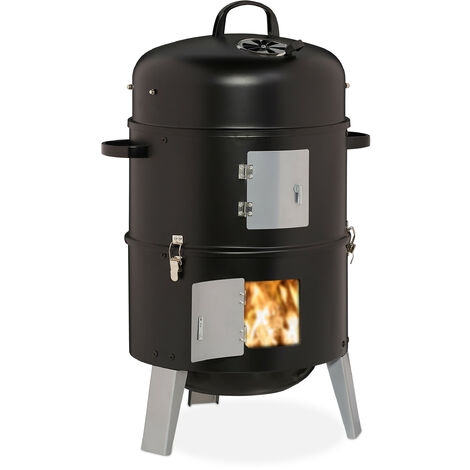 Relaxdays Charcoal Smoker, 3in1, for Grilling, Smoking & Cooking, Thermometer & Air Vent, Barrel: ∅ 40 cm, Steel, Black