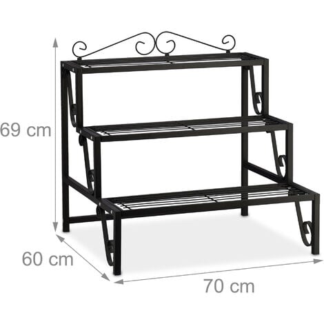 Relaxdays Plant Stand, Flower Rack with 3 Shelves, Powder Coated, H x W x D: 69 x 70 x 60 cm, Metal, Black