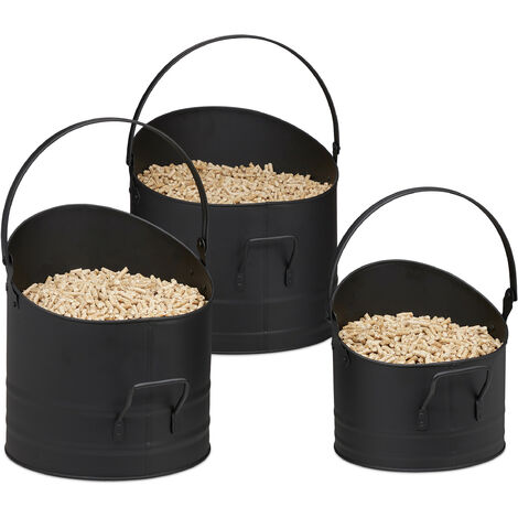 Relaxdays Pellet Bucket, Set of 3, ∅ 21, 25 & 30 cm each, Handle & Foldable, Metal Coal Container, for Fireplace, Black