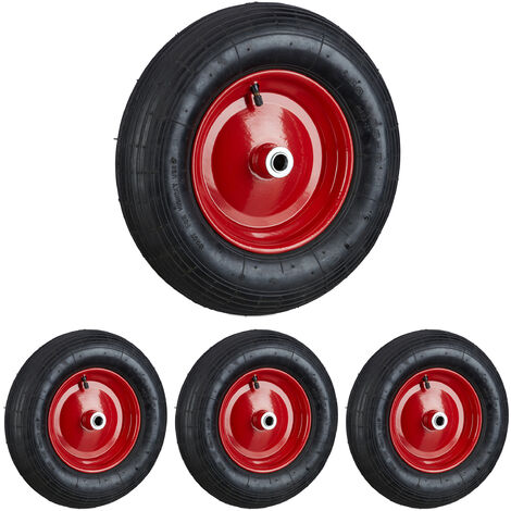 Relaxdays Set of 4 Wheelbarrow Tyre 4.80 4.00-8, Pneumatic, 120 kg Capacity, Spare Wheel with Valve, Garden, Black/Red