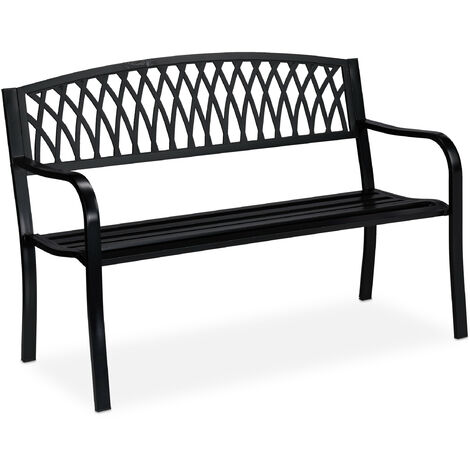 Relaxdays Garden Bench, 2-Seater, Iron, Balcony & Terrace, Backseat with Mesh Ornament, HxWxD: 87 x 127 x 60 cm, Black
