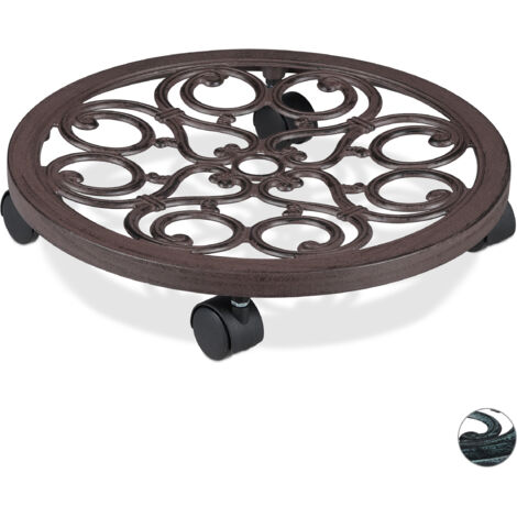 Set of 5 Relaxdays Round Plant Caddies, Metal Flower Pot Roller for Indoors & Outdoors, Antique Look, Ø 38 cm, Brown