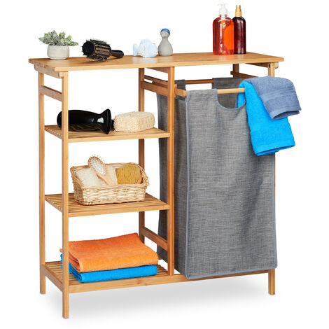 Relaxdays Bathroom Shelf with Laundry Basket, Bamboo, 4 Levels, Removable Collector, 80.5 x 80 x 33.5 cm, Natural/Grey (1/5)