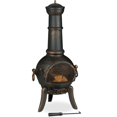 Relaxdays Terrace Oven, Outdoor Stove, Chimenea, H x W x D: 110 x 53 x 44 cm, Cast-Iron, Bronze Colour