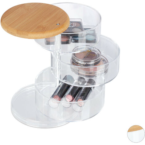 Relaxdays Make Up Organiser, 3 Rotating Levels, for Cosmetics & Jewellery, Make-up Storage Box, Bamboo, Plastic, Clear (1/5)