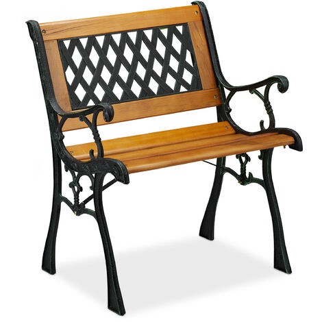 Relaxdays Garden Chair with Armrest, Loadable, Low, Vintage Design, Wood & Cast Iron, 73 x 62 x 52,5 cm, Natural/Black (1/5)