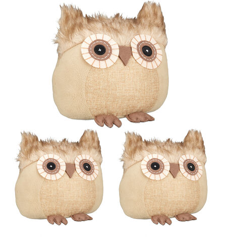 Relaxdays 3x Owl Doorstopper, Decorative Floor Bumper, for Inside, Sand-Filled Fabric Door Stop, 21 x 22 x 19 cm, Brown