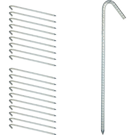 Relaxdays XL Ground Pegs, Set of 20, Extremely Solid Soil Anchors, Tent Accessory, 39 cm, Galvanised Steel, Silver