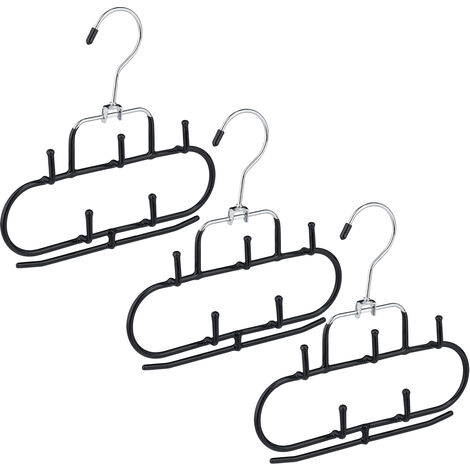 Relaxdays Belt Hanger, Set of 3, 5 Hooks, Bar, Non-Slip, Accessories Holder, Organiser for Ties & Scarves, Metal, Black (1/5)
