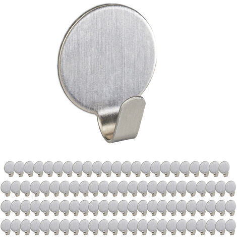 Relaxdays 96x Adhesive Towel Hooks, Round, Stainless Steel, Matt, No Drilling, Bathroom & Kitchen, 2.5x2x1.5 cm, Silver (1/5)