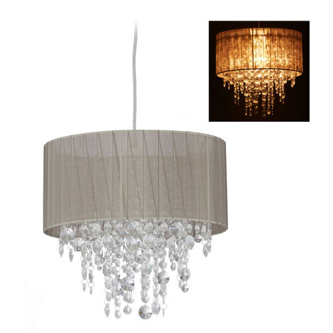 Relaxdays – Hanging lamp crystal pendant E27 – Organza shade with crystal chains – 129 x 32 cm – Grey/silver for living room and bedroom (1/5)