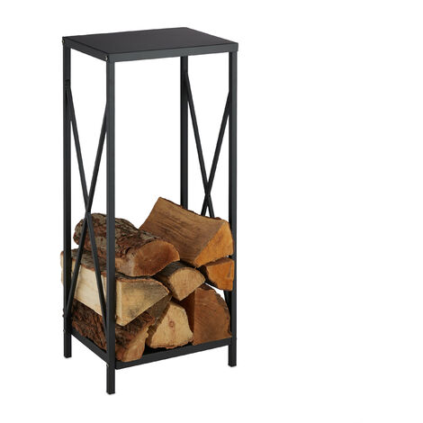 Relaxdays Firewood Storage Stand, Logs Rack for Indoors, Powder-Coated Metal, Wood Shelf, HWD: 80 x 34 x 25 cm, Black