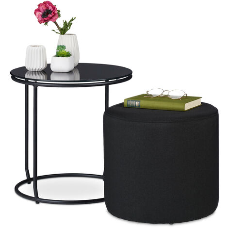 Relaxdays Side Table with Stool, Round Coffee Counter with Stool, Space-saving, Glass & Metal, HxD: 40 x 40 cm, Black