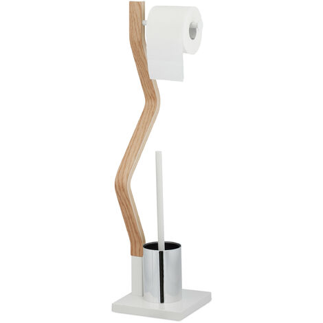 Relaxdays WC Set, Toilet Paper Holder, Upright Stand, Bathroom Brush and Holder, HWD: 75 x 18.5 x 18.5 cm, White/Natural
