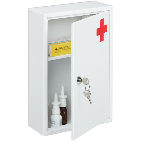 Relaxdays Medicine Cabinet, Lockable, 2 Compartments, HxWxD: 32 x 21.5 x 8 cm, Wall Mounted, First Aid, Metal, White/Red (1/5)