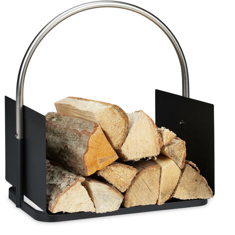 Relaxdays Firewood Basket, Metal, Nickel-Plated Handle, for Indoors, Wood Carrier, HxWxD: 43.5 x 40.5 x 30 cm, Black