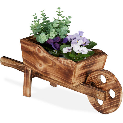 Relaxdays Wheelbarrow Planter Burnt Wood, Garden Ornament, Vintage Design, 19 x 47 x 15 cm, Flowers & Plants, Natural (1/5)