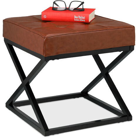 Relaxdays Footstool, Upholstered, Faux Leather, Metal, Industrial Design, Footrest HxWxD: 41 x 41 x 41 cm, Black/Brown
