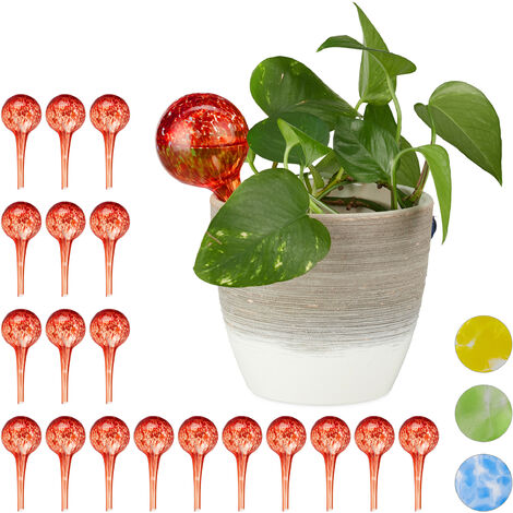 Relaxdays Set of 20 Watering Globes, Regulated Irrigation for Plants & Flowers, Office & Holiday Aid, Glass, Red