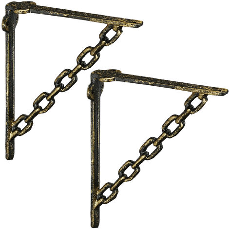 Relaxdays Shelf Brackets, Cast Iron, Set of 2, Rack Support, Chain Motif, 18 x 4 x 21.5 cm, Angle for Shelves, Bronze