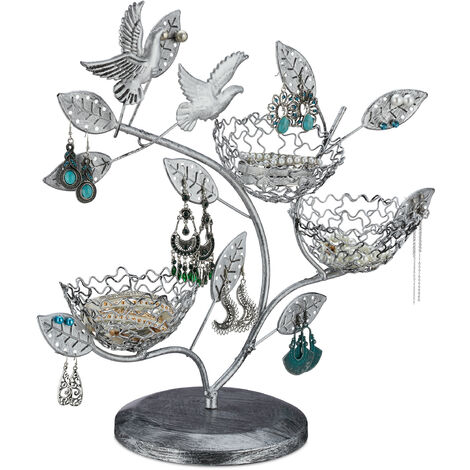 Relaxdays Jewellery Tree, 88 holes for Earrings, 3 Bowls for Rings, Vintage, H x W x D 34 x 39 x 15 cm, Iron, Silver