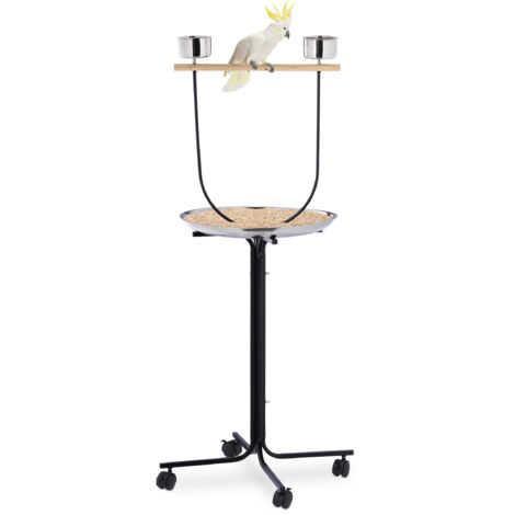 Relaxdays Parrot Perch, Approach Bar, 2 Feeding Bowls & Drip Tray, On Wheels, Steel Metal, Bird Cage Accessories, Black