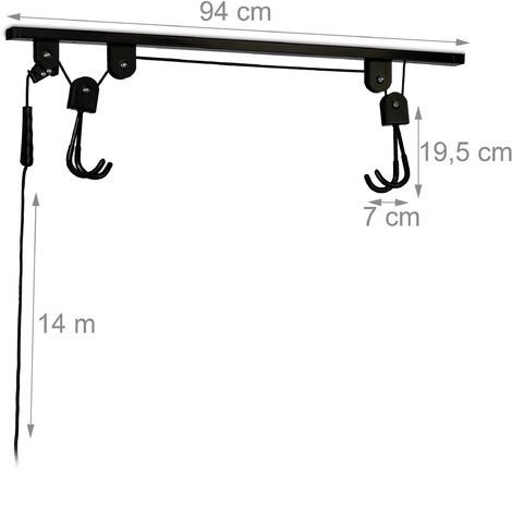 Relaxdays Bike Storage, Ceiling Mount Lift, Load up to 20 kg, with Cable, for Garage & Cellar, Bicycle, Practical, Black