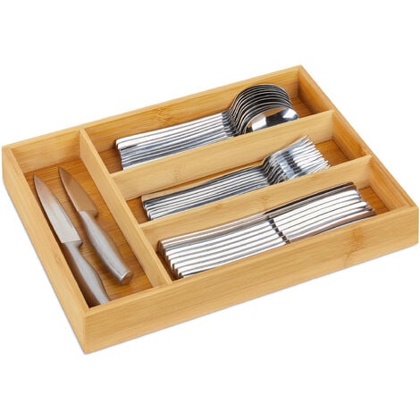 Relaxdays Cutlery Tray, 4 Compartments, Bamboo, 5 x 26 x 35.5 cm, Small  Kitchen Drawer Insert, for Utensils, Natural